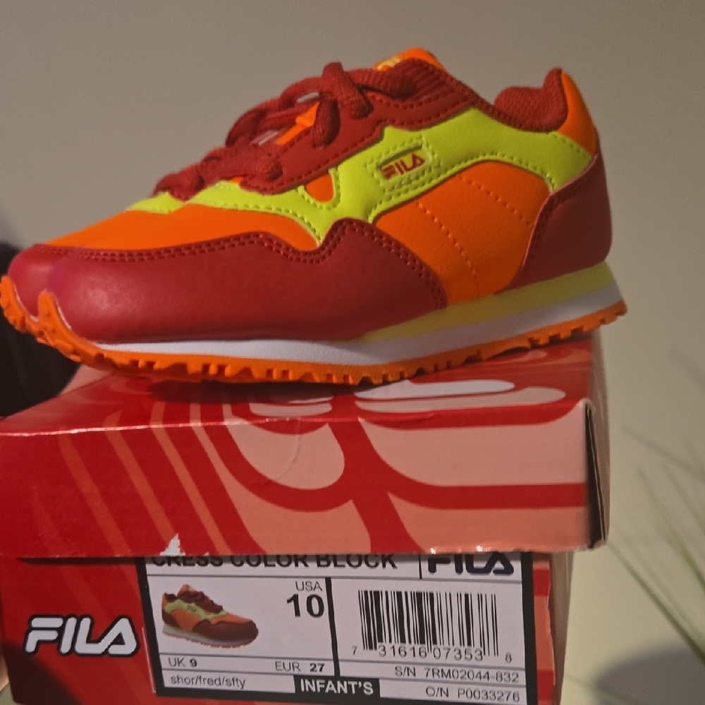 Fila Infant Size 10 Kids Sneakers - Red and Neon Orange New